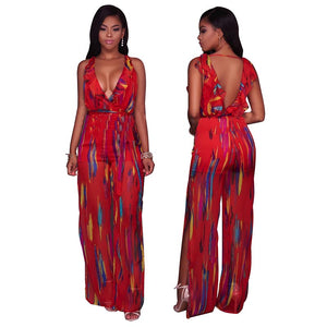 Janine Red Print Plunging V-Neck Slit Legs Jumpsuit #Red SA-BLL55329-2 Women's Clothes and Jumpsuits & Rompers by Sexy Affordable Clothing