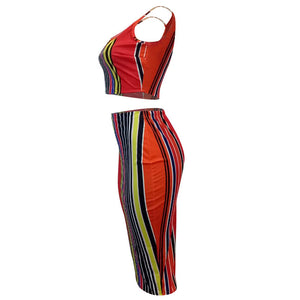 Colorful Stripped Vest and Under-Knee Skirt #Stripe #Two Piece SA-BLL282471 Sexy Clubwear and Skirt Sets by Sexy Affordable Clothing