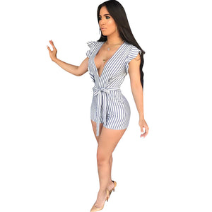 Casual V Neck Striped White One-piece Short Jumpsuits #V Neck #Striped SA-BLL55525 Women's Clothes and Jumpsuits & Rompers by Sexy Affordable Clothing