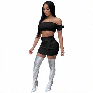 Lillie Belted Ribbed Black Skirt Set #Black #Two Piece SA-BLL282457-1 Sexy Clubwear and Skirt Sets by Sexy Affordable Clothing