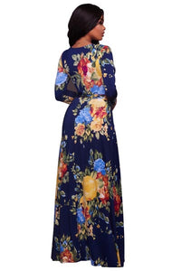 Adelynn Navy-Blue Floral Print Belted Maxi Dress  SA-BLL51397-1 Fashion Dresses and Maxi Dresses by Sexy Affordable Clothing