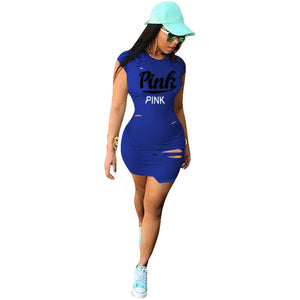 Women's O Neck Short Sleeve Ripped T Shirt Dress #Pink #Blue #Short Sleeve #O Neck #Letter SA-BLL282633-2 Fashion Dresses and Mini Dresses by Sexy Affordable Clothing