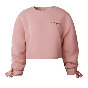 Women's Drop Shoulder Cuff Drawstring Bow Letter Print Pullover Crop Top #Pink #Top SA-BLL639-2 Women's Clothes and Blouses & Tops by Sexy Affordable Clothing