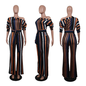 One Off Shoulder Print Colorful Striped Jumpsuits With Belt #One Shoulder #Striped SA-BLL55375-4 Women's Clothes and Jumpsuits & Rompers by Sexy Affordable Clothing