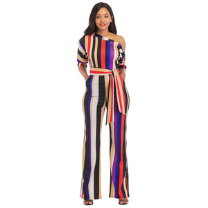 One Off Shoulder Print Colorful Striped Jumpsuits With Belt #One Shoulder #Striped SA-BLL55375-5 Women's Clothes and Jumpsuits & Rompers by Sexy Affordable Clothing