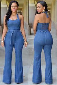 Blue Open Back Ankle Length Jumpsuit  SA-BLL55177 Women's Clothes and Jumpsuits & Rompers by Sexy Affordable Clothing