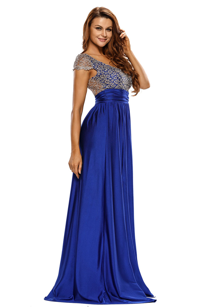 Sexy Amazing Gold Lace Overlay Blue Slit Maxi Evening Gown – SEXY ...