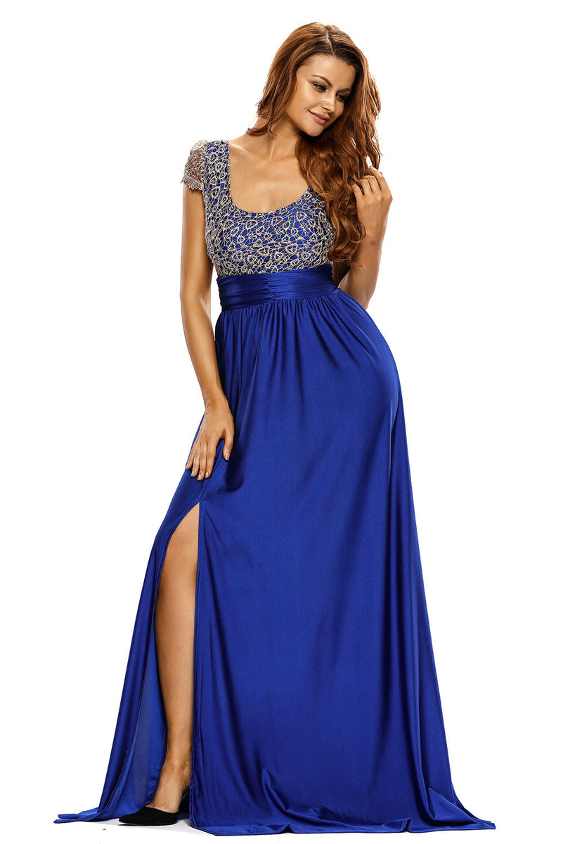 Sexy Amazing Gold Lace Overlay Blue Slit Maxi Evening Gown – SEXY ...