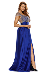 Amazing Gold Lace Overlay Blue Slit Maxi Evening Gown