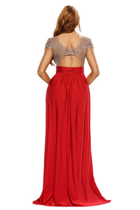 Amazing Gold Lace Overlay Red Slit Maxi Evening Gown