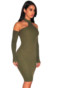Army Green Knit Ribbed Choker Off Shoulder Dress