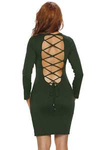 Army Green Lace Up Back Long Sleeve Bodycon Mini Dress