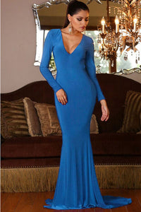 Backless Long Sleeves Mermaid Blue Evening Gown
