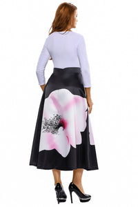 Big Flower Print Black High Waist Maxi Skirt