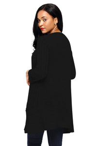 Sexy Black 3/4 Sleeve Open Front Casual Knit Sweater