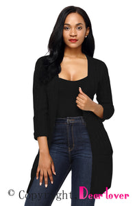 Sexy Black 3/4 Sleeve Open Front Casual Knit Sweater