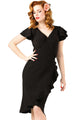 Black 50s Flutter Sleeves Wrap Ruffled Vintage Dress