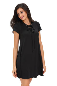 Black Casual Lace-up Swing Dress