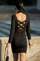 Black Crisscross Plunge Long Sleeve Choker Neck Dress