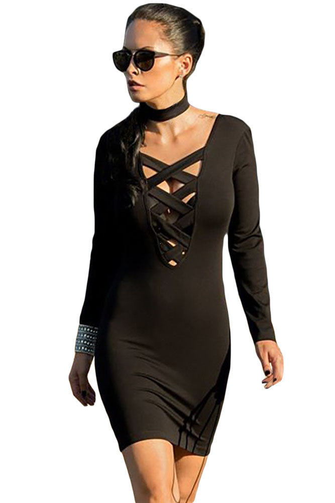 Sexy Black Crisscross Plunge Long Sleeve Choker Neck Dress – SEXY  AFFORDABLE CLOTHING