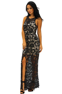 Black Crochet Lace Nude Slit Front Maxi Dress
