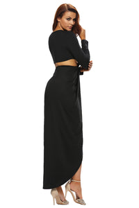 Black Cut Out Drape Slit Long Sleeve Maxi Dress