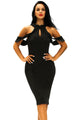 Black Cute Cold Shoulder Cutout Halter Midi Dress