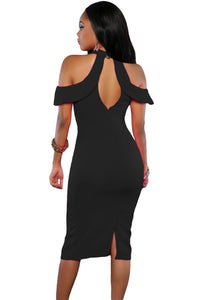 Black Cute Cold Shoulder Cutout Halter Midi Dress