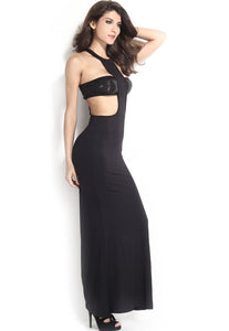 Black Cutout Evening Dress with Sequin Chest Wrap