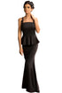 Black Delicate Floral Applique Mesh Insert Long Peplum Dress