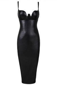 Black Faux Leather Padded Midi Dress