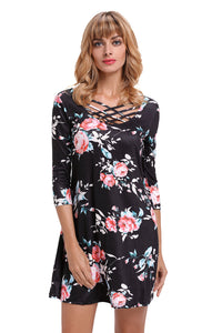 Black Fence Neck Floral Print T Shirt Dress