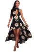 Black Floral Print High-low Halter Maxi Boho Dress