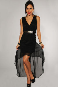 Black Gold Spikes Belted High-Low Dress