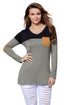 Black Grey Color Block Patch Insert Long Sleeve Blouse Top