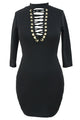 Black Grommet Lace Up Front Sleeved Bodycon Dress