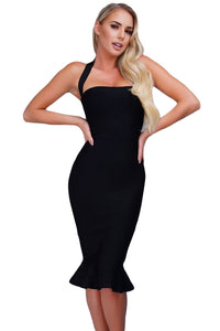 Black Halter Mermaid Midi Bodycon Bandage Dress with Flare