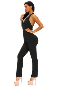 Black Halter V Neck Zipped Front Jumpsuit