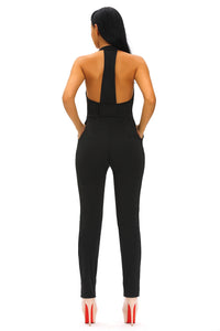 Black Halter V Neck Zipped Front Jumpsuit