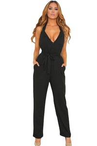 Black Halter V Neck Zipped Front Jumpsuit