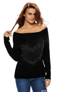 Black Heart Shape Rhinestone Decor Off-shoulder Knit Sweater