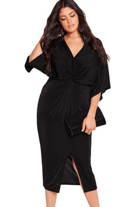 Black Kimono Sleeve Knotted Pleated Front Plus Size Dress