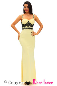 Black Lace Detail Yellow Long Prom Party Maxi Dress