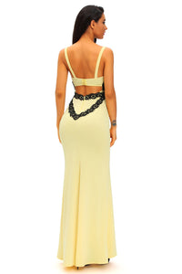 Black Lace Detail Yellow Long Prom Party Maxi Dress