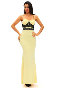 Black Lace Detail Yellow Long Prom Party Maxi Dress