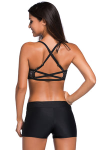 Black Lace Illusion Bikini Swimsuit with Swim Trunks
