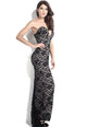 Black Lace Nude Illusion Plunging V Neck Strapless Gown