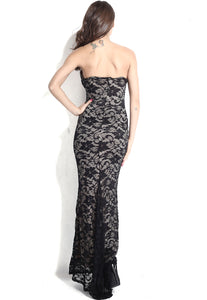 Black Lace Nude Illusion Plunging V Neck Strapless Gown