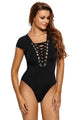 Black Lace Up Cap Sleeves Bodysuit