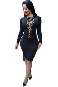 Black Lace-up V Neck Long Sleeve Bodycon Dress
